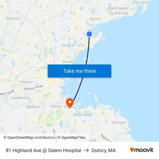 81 Highland Ave @ Salem Hospital to Quincy, MA map