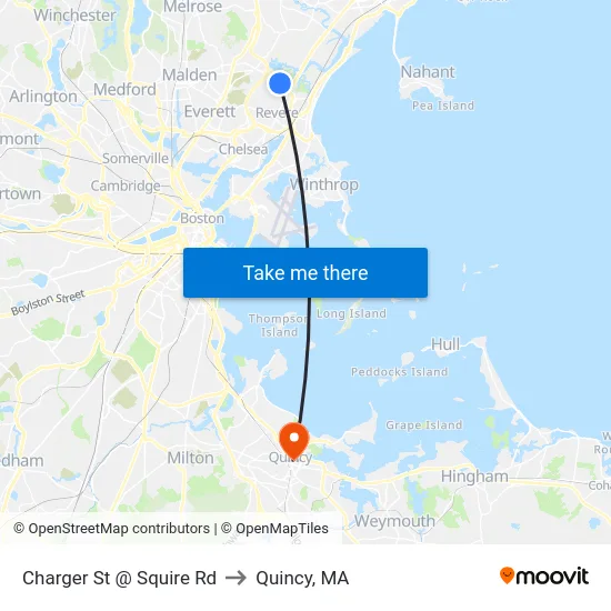 Charger St @ Squire Rd to Quincy, MA map