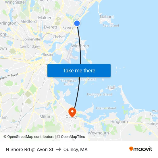 N Shore Rd @ Avon St to Quincy, MA map