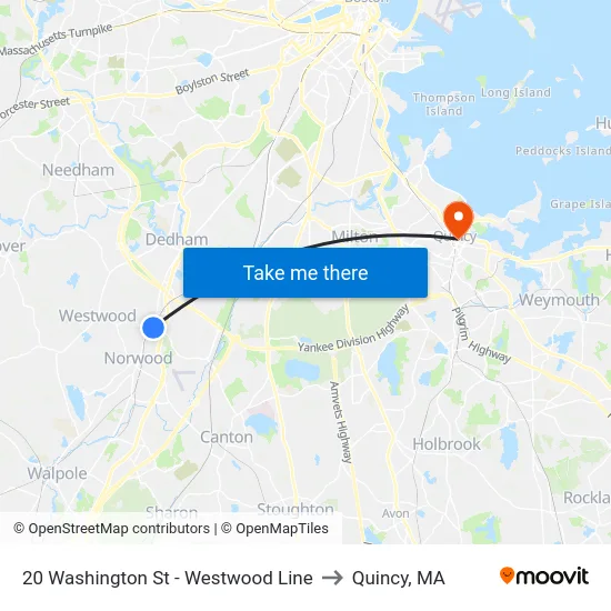 20 Washington St - Westwood Line to Quincy, MA map
