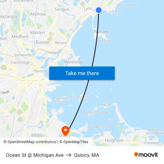 Ocean St @ Michigan Ave to Quincy, MA map