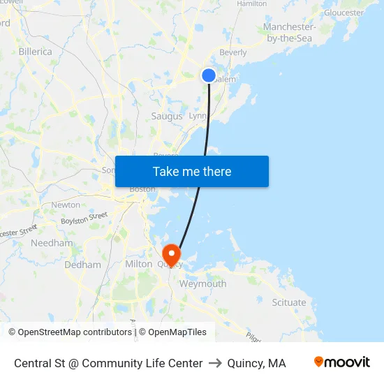 Central St @ Community Life Center to Quincy, MA map