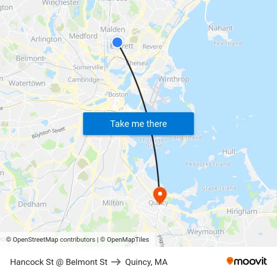 Hancock St @ Belmont St to Quincy, MA map