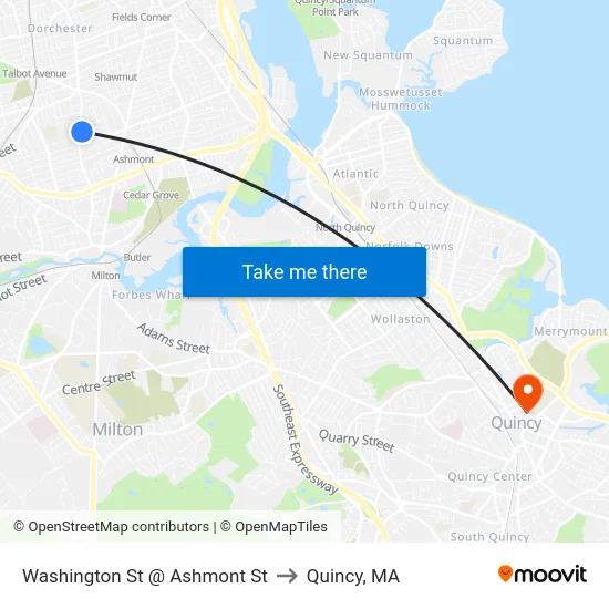Washington St @ Ashmont St to Quincy, MA map