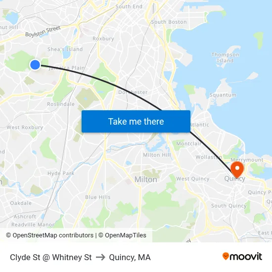 Clyde St @ Whitney St to Quincy, MA map