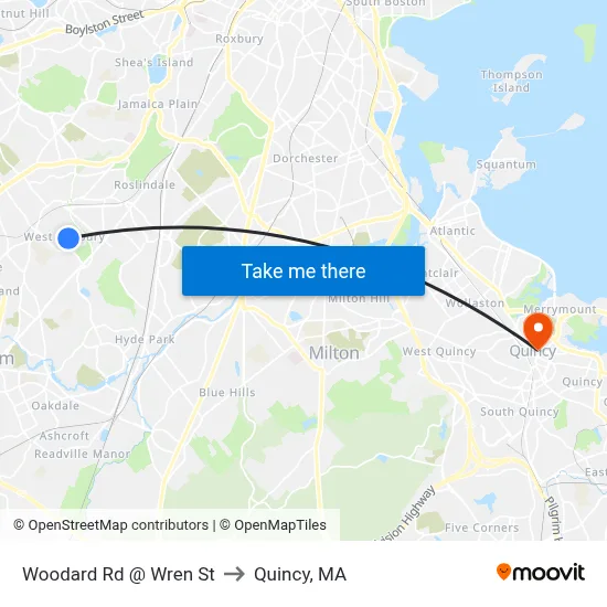 Woodard Rd @ Wren St to Quincy, MA map
