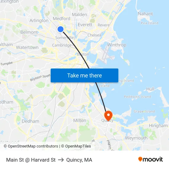 Main St @ Harvard St to Quincy, MA map