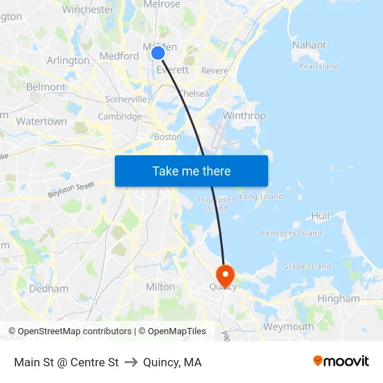 Main St @ Centre St to Quincy, MA map