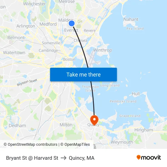 Bryant St @ Harvard St to Quincy, MA map