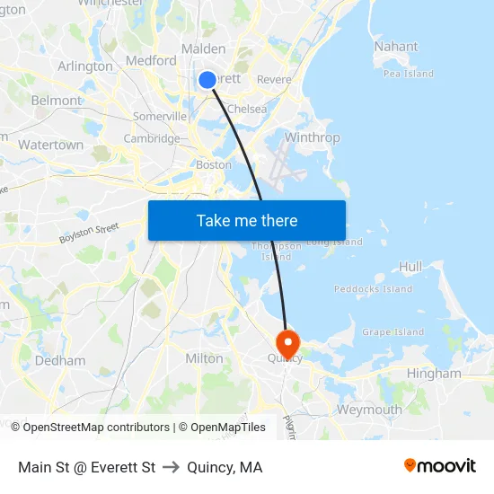 Main St @ Everett St to Quincy, MA map