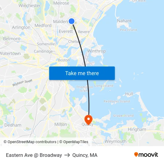 Eastern Ave @ Broadway to Quincy, MA map