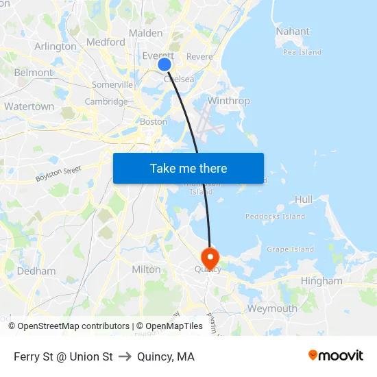 Ferry St @ Union St to Quincy, MA map