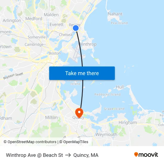 Winthrop Ave @ Beach St to Quincy, MA map