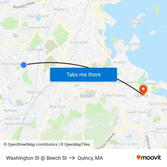 Washington St @ Beech St to Quincy, MA map