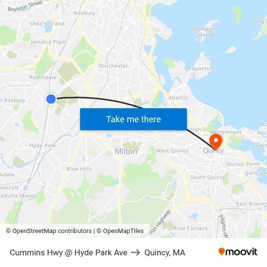 Cummins Hwy @ Hyde Park Ave to Quincy, MA map