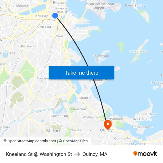 Kneeland St @ Washington St to Quincy, MA map