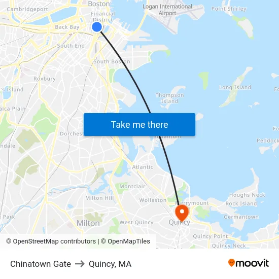 Chinatown Gate to Quincy, MA map