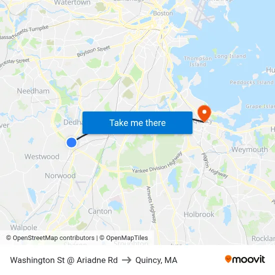 Washington St @ Ariadne Rd to Quincy, MA map