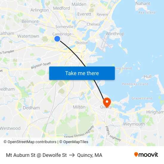 Mt Auburn St @ Dewolfe St to Quincy, MA map