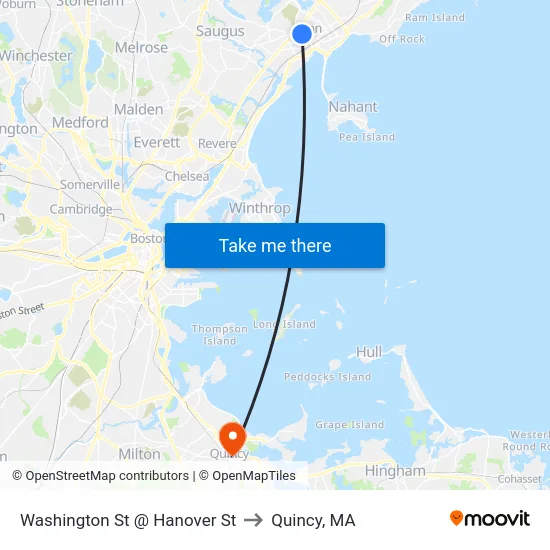 Washington St @ Hanover St to Quincy, MA map