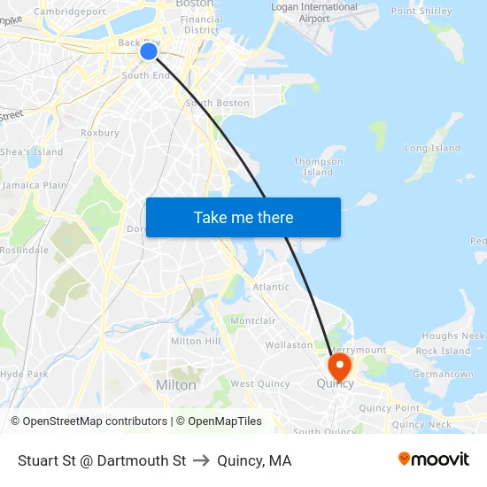 Stuart St @ Dartmouth St to Quincy, MA map