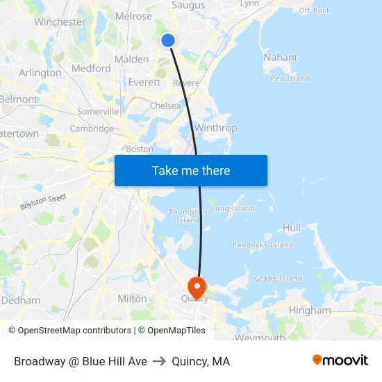 Broadway @ Blue Hill Ave to Quincy, MA map