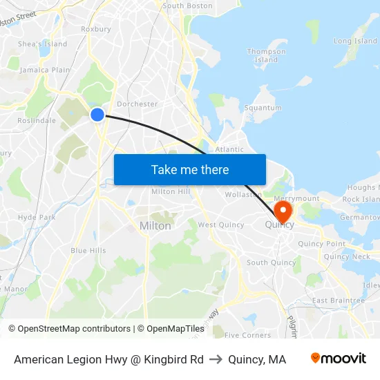 American Legion Hwy @ Kingbird Rd to Quincy, MA map