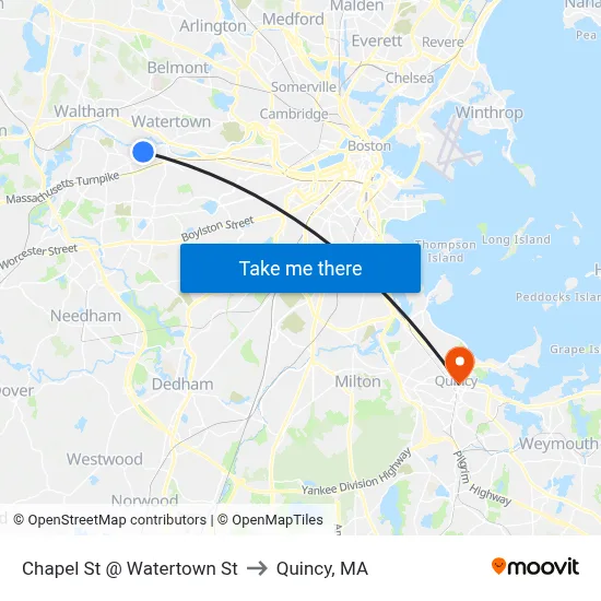Chapel St @ Watertown St to Quincy, MA map