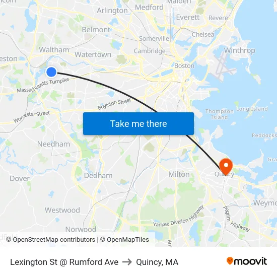 Lexington St @ Rumford Ave to Quincy, MA map
