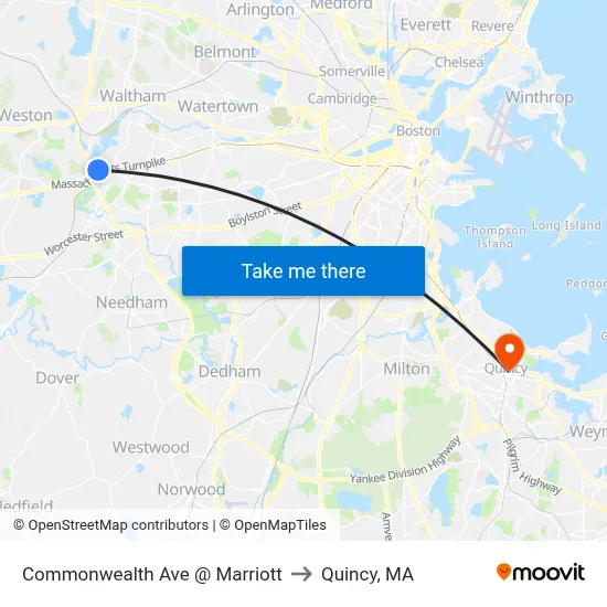 Commonwealth Ave @ Marriott to Quincy, MA map