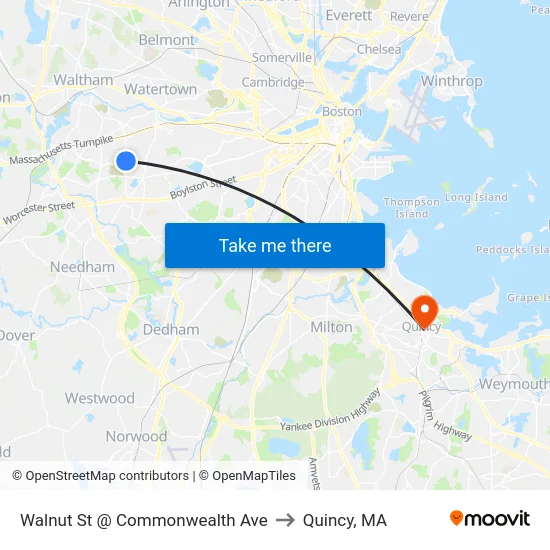 Walnut St @ Commonwealth Ave to Quincy, MA map