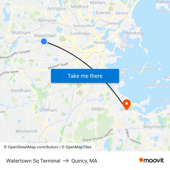 Watertown Sq Terminal to Quincy, MA map