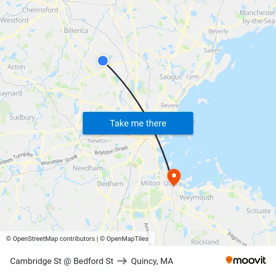 Cambridge St @ Bedford St to Quincy, MA map