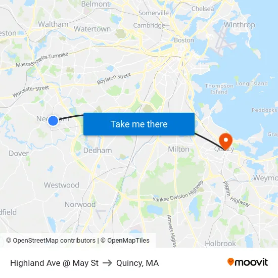 Highland Ave @ May St to Quincy, MA map