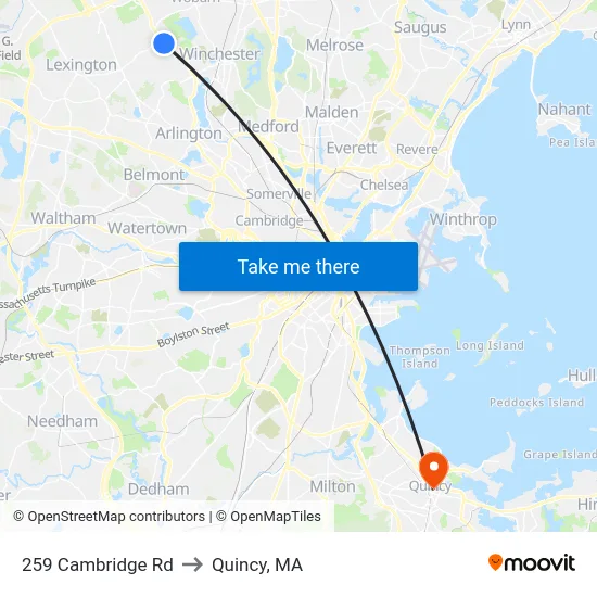 259 Cambridge Rd to Quincy, MA map
