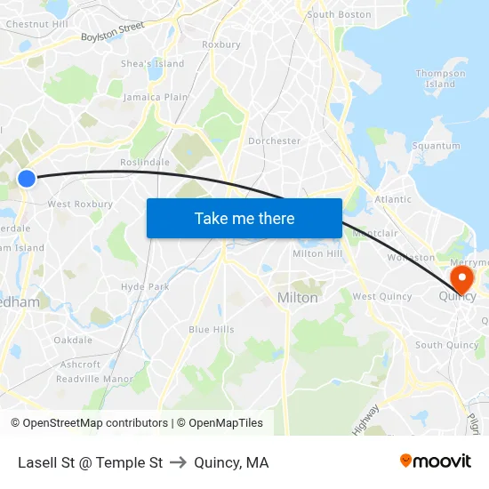 Lasell St @ Temple St to Quincy, MA map