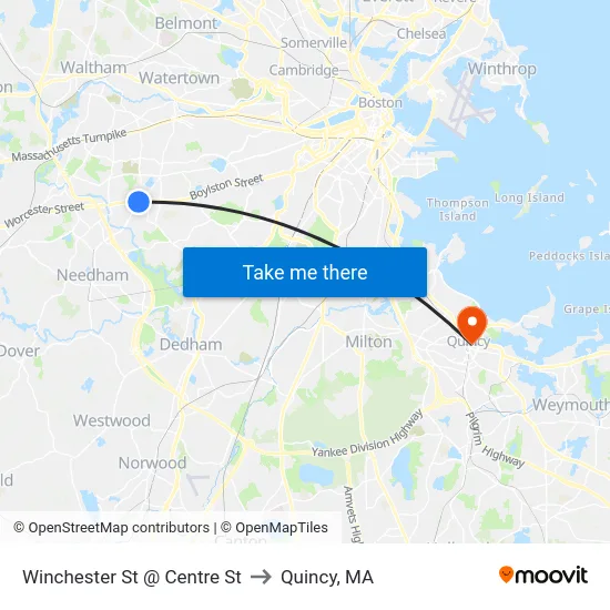 Winchester St @ Centre St to Quincy, MA map