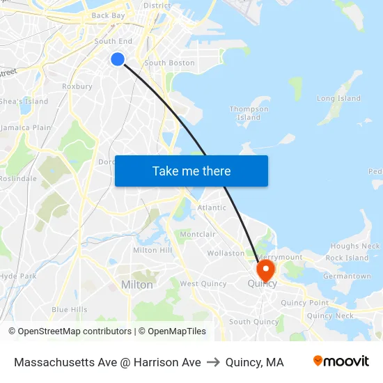 Massachusetts Ave @ Harrison Ave to Quincy, MA map