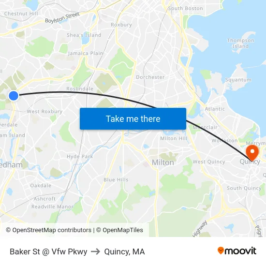 Baker St @ Vfw Pkwy to Quincy, MA map