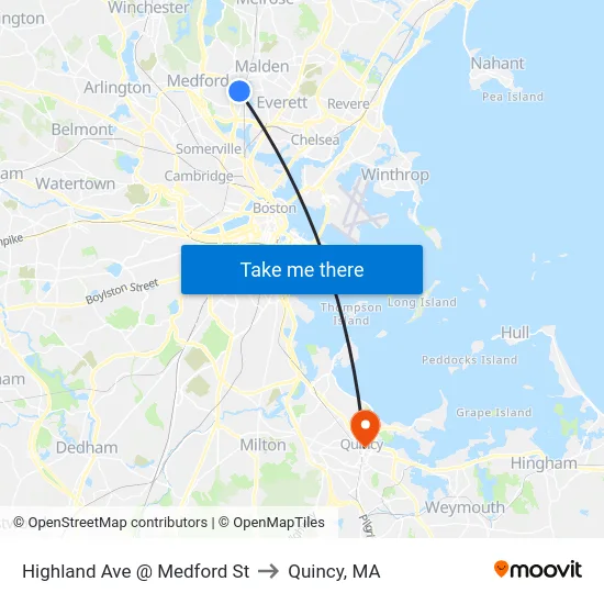Highland Ave @ Medford St to Quincy, MA map