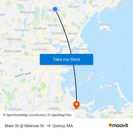 Main St @ Melrose St to Quincy, MA map