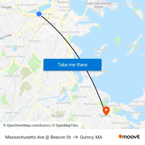 Massachusetts Ave @ Beacon St to Quincy, MA map