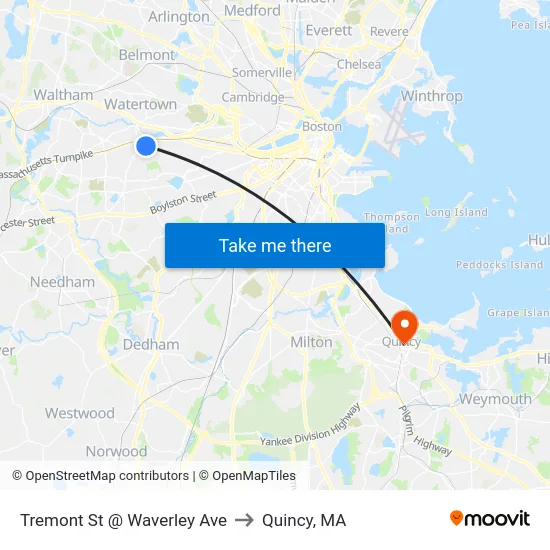 Tremont St @ Waverley Ave to Quincy, MA map