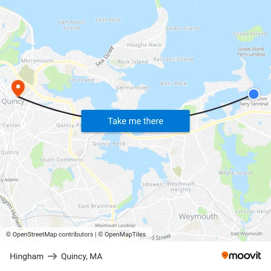 Hingham to Quincy, MA map
