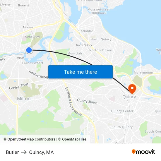 Butler to Quincy, MA map