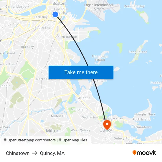 Chinatown to Quincy, MA map