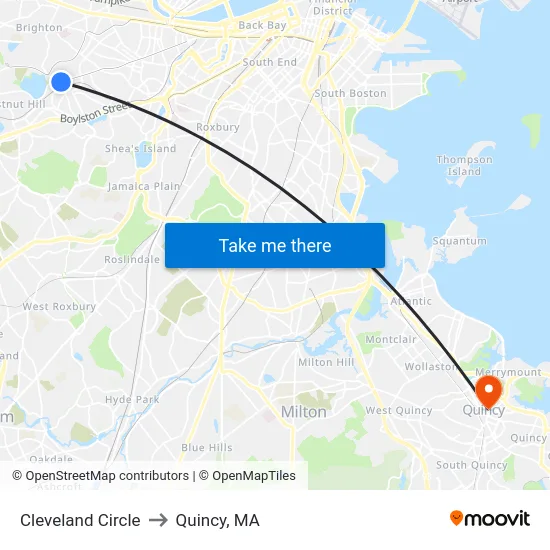 Cleveland Circle to Quincy, MA map