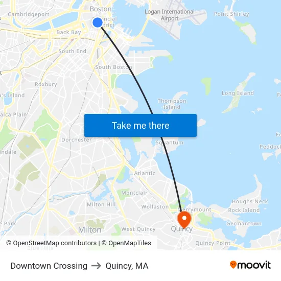 Downtown Crossing to Quincy, MA map