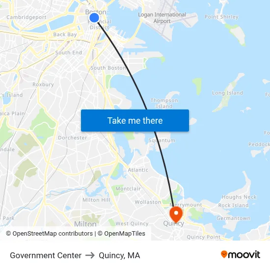 Government Center to Quincy, MA map