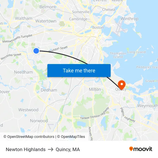 Newton Highlands to Quincy, MA map